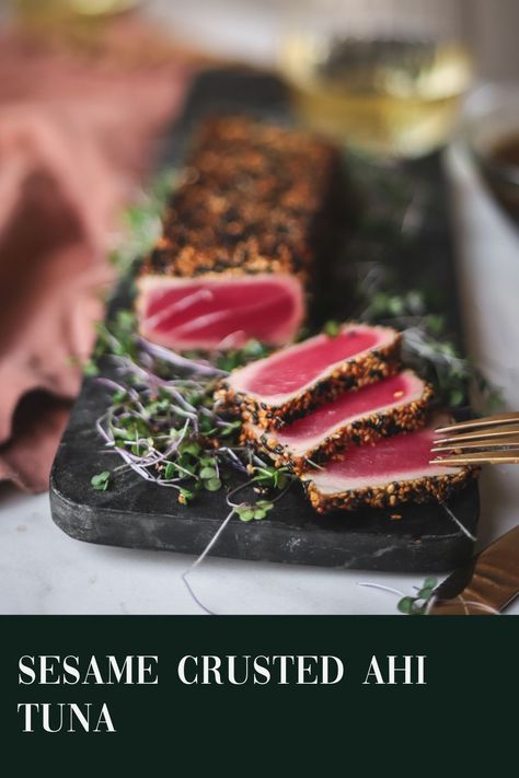 This ahi tuna is seared in a flavorful sesame crust to a perfect rare temperature. It's delicious, beautiful, and so satisfying! Ahi Tuna Steak Recipe, Sesame Crusted Tuna, Ahi Tuna Recipe, Seared Tuna Steaks, Ahi Tuna Steak, Tuna Steak Recipes, Tuna Steak, Grilled Tuna, Seared Ahi