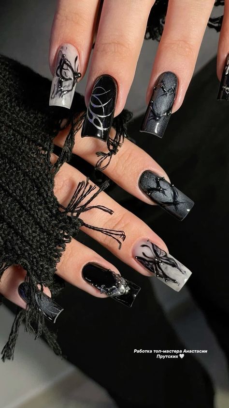 Black Acrylic Nails Designs Ideas, Men Nails, Trends Nails, Punk Nails, Gothic Nails, Goth Nails, Grunge Nails, Nails 2024, Art Nails