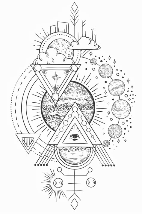 Solar System Sketch, Planet Earth Tattoo, Witchy Sketches, Planets Drawing, Planet Sketch, Solar System Design, Solar System Tattoo, Planet Drawing, Drawing Black And White