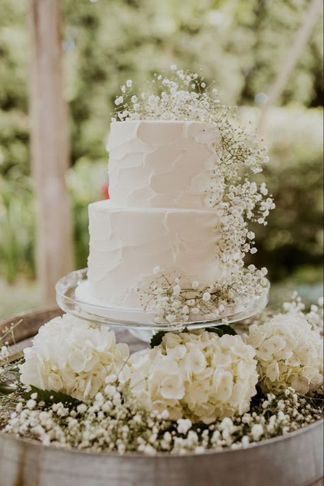 Simple Wedding Cakes With Greenery, Soft Wedding Cake, Wedding Cake Designs Greenery, 2 Layer White Wedding Cake, Spackled Wedding Cake, White Pergola Flowers Wedding, Simple White Wedding Cake 1 Tier, Minimalist Cake Wedding Simple, Simple White And Green Wedding Cake