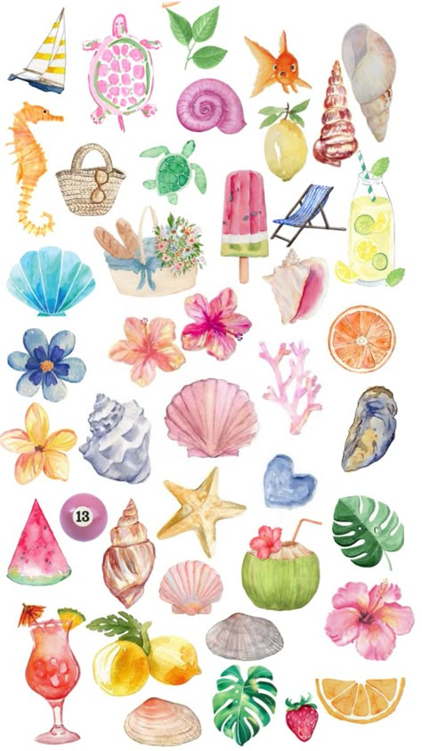 Aesthetic Watercolour Painting Ideas, Summer Phone Case Ideas, Beach Pattern Illustration, Summer Stickers Aesthetic, Wall Collage Beach, Summer Images, Summer Drawings, Cute Backgrounds For Iphone, Summer Watercolor