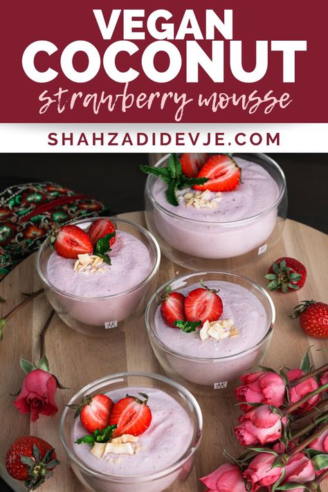 Made with just four ingredients, this coconut strawberry mousse is super delicious.  It has the perfect creamy, fluffy texture that you'll want to dig into with a spoon.  You'll love this easy vegan mousse recipe. (sponsored) Easy Vegan Mousse, Vegan Mousse Recipes, Vegan Strawberry Mousse, Ovulatory Recipes, Vegan Strawberry Dessert, Strawberry Recipes Vegan, Vegan Mousse, Fruit Deserts, Strawberry Mousse Recipe