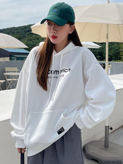 White Casual  Long Sleeve Polyester Letter Pullovers  Non-Stretch Spring/Fall Women Sweatshirts White Hoodie Outfit, Oversized White Hoodie, Growing Pains, Women Sweatshirts, Sun Hats For Women, Hoodie Outfit, Hoodie Girl, Drawstring Hoodie, Oversize Hoodie