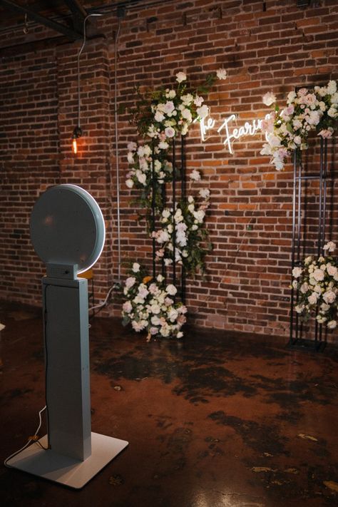 White Brick Wedding Backdrop, Chic Industrial Wedding, Brick Building Wedding Reception, Wedding Reception Brick Walls, Industrial Modern Wedding Decor, Classic Industrial Wedding, Brick Wedding Venue Decor Industrial Chic, The Guild Kc, Brick Wall Wedding Decor