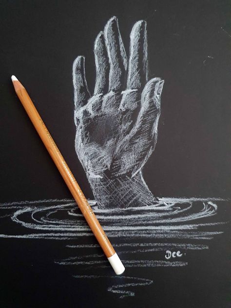 A drawing of a hand reaching up out of water, in white charcoal pencil on black paper Hand Reaching Through Water, Hand Out Of Water Drawing, White Oil Pastel On Black Paper, Drawing With Chalk On Paper, Realistic Black And White Drawings, Ideas For Black Paper, Sketch In Black Paper, Drawings For Black Paper, Drawing With White Pencil