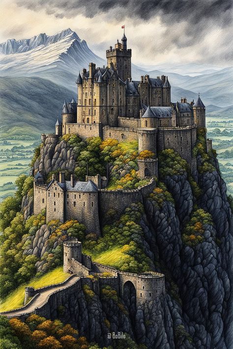 Discover Majestic Mountain Castles: Stunning Digital Art Depicting Grandeur. Inspired by Scotland Castles On Mountains, Mountain Castle Fantasy Art, Fantasy Kingdom Art, Medieval Castle Art, Minecraft Skyrim, Fantasy Castle Art, Minecraft Mountain Castle, Castle On A Mountain, Mountain Castle