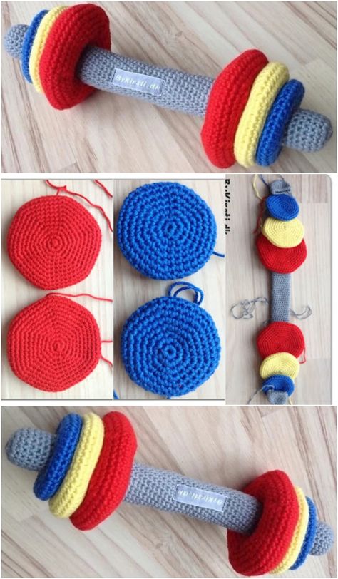 Crochet Dumbbell Pattern Free, Gym Crochet Ideas, Crochet Dumbbell, Tiny Gym, Baby Toys Crochet, Baby Dress Diy, Crochet Organizer, Crochet Diaper Cover, Crochet Owl