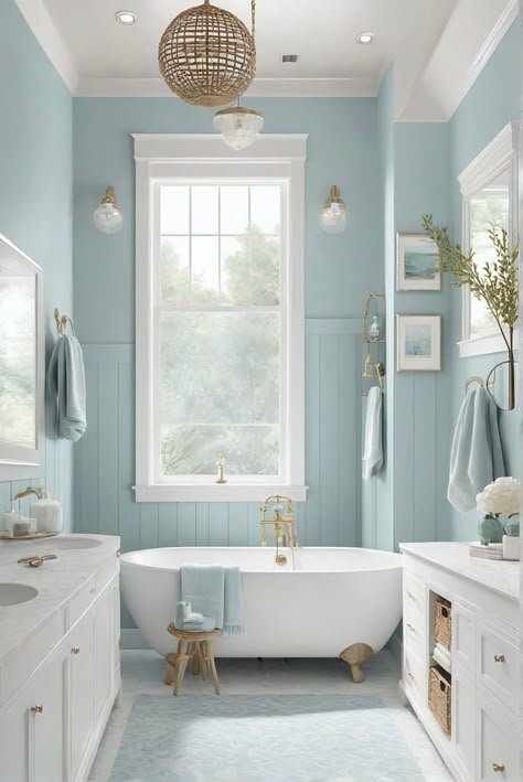 Step into a tranquil coastal bathroom oasis with soothing Misty Blues and Grays. Explore how Rain (SW 6219) adds a serene touch to your daily interior designer routine. #Ad #homedecor #homedesign #bathroom #Painthome interiorarchitecture best Wall Colors for Bathroom Colors Bright Room Colors best colors combinations bathroom bathroom Remodeling Modern Paint Colors 2024 Blue Bathroom Palette, Pale Blue And White Bathroom, Pale Teal Bathroom, Bathroom With Light Blue Walls, Rain Sherwin Williams Bathroom, Sw Tradewind Bathroom, Sw Coastal Paint Colors, Baby Blue Bathroom Ideas, Boho Bathroom Blue