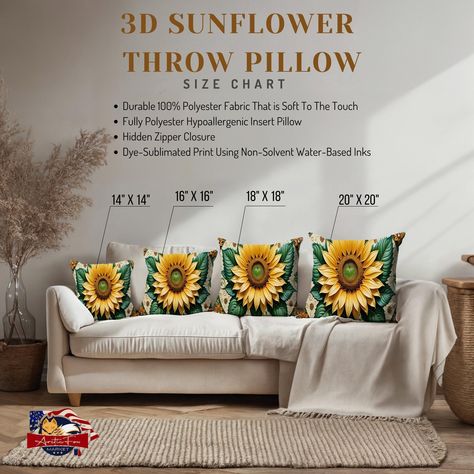 🌻 Brighten your space instantly with our Large Sunflower Throw Decor Pillow! 🌼 Made in the USA, this vibrant 3D floral cushion comes in multiple sizes and features a beautiful double-sided print to elevate any room. Transform your home into a sunflower paradise for just $29.90! Grab yours and let the sunshine in! ☀️✨ #SunflowerStyle #HomeDecor #PillowTalk #FloralDesign #MakeItVibrant #CozyVibes #InteriorInspo #USAHandmade #ThrowPillow #SpringMood #NEW #TRENDINGDECOR #SUMMERTRENDS #GIFTIDEAS #... Pillow Sizes Chart, Sunflower Throw Pillows, Spring Mood, Floral Cushions, Nature Indoors, Throw Pillow Sizes, Interior Inspo, Trending Decor, Water Based Ink