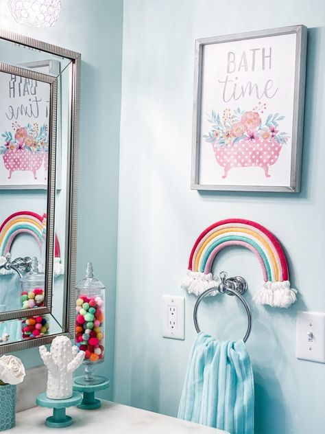 Little Girl Bathroom Reveal - Re-Fabbed Rainbow Bathroom Kids, Girl Bathroom Ideas, Daycare Bathroom, Bathroom Decor For Kids, Bathroom Ideas Colorful, Girls Bathroom Design, Bathroom For Kids, Kids Bathroom Girls, Kids Bathroom Organization