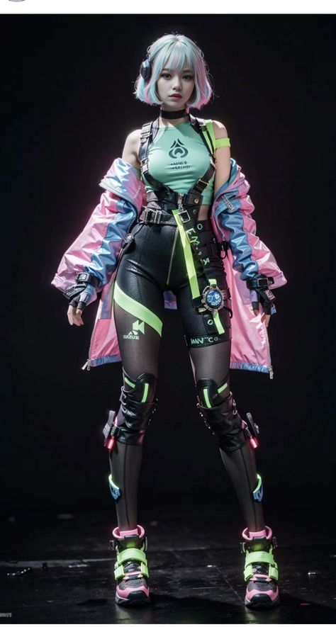 Rainbow Cyberpunk Outfit, Video Game Aesthetic Outfit, Cyberpunk Popstar, Cyberpunk Outfit Summer, Cyberpunk Clothes Women, Cosplay Rave Outfits, Colorful Cyberpunk Outfit, Atompunk Outfit, Cyberpunk Neon Outfit