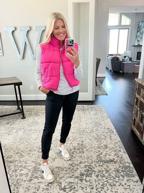 No Boundaries Juniors Puffer Vest curated on LTK Hot Pink Vest Outfit Winter, How To Dress Up A Puffer Vest, Purple Puffer Vest Outfit, Hot Pink Puffer Vest Outfit, Hot Pink Vest Outfit, Pink Puffer Vest Outfit, Sleeveless Puffer Jacket Outfit, Plaid Vest Outfit, Pink Vest Outfit