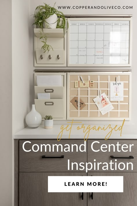 Stay on top of everyone's schedules and keep communication flowing with a central command center or drop zone. Set up a bulletin board, chalkboard or acrylic calendar to display school events, appointments, and grocery lists. Hang a family calendar where each member's activities are color-coded for easy tracking. Find what works for your family and adapt to what is working for you! Calendar Area Home, Whiteboard Command Center, Family Command Center Mudroom, Kitchen Desk Command Center, Pantry Command Center, Command Center Aesthetic, Bedroom Command Center, Command Center Laundry Room, Family Control Center