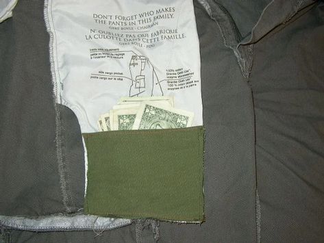 How to Make an Easy Hidden Pocket : 3 Steps - Instructables Secret Pocket Clothes, Secret Pocket, Scrap Material, Hidden Pocket, How To Sew, Pair Of Pants, How To Make An, Credit Cards, Military Jacket