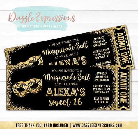 Masquerade Black and Gold Ticket Invitation - FREE thank you card – Dazzle Expressions Masquerade Wedding Invitations, Masquerade Party Themes, Prom Invitations, Sweet 16 Masquerade Party, Mascarade Party, Prom Tickets, Masquerade Invitations, Masquerade Party Invitations, Masquerade Party Decorations