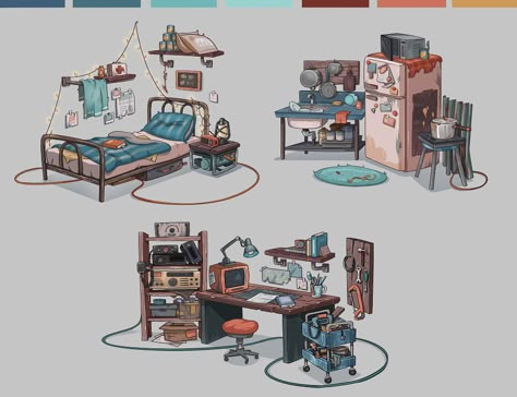 Thanh Đỗ on Behance Props Modeling, Bedroom Drawing, Props Concept, Environment Props, Concept Art Tutorial, Props Art, Art Digital Art, Post Apocalypse, Cartoon Background