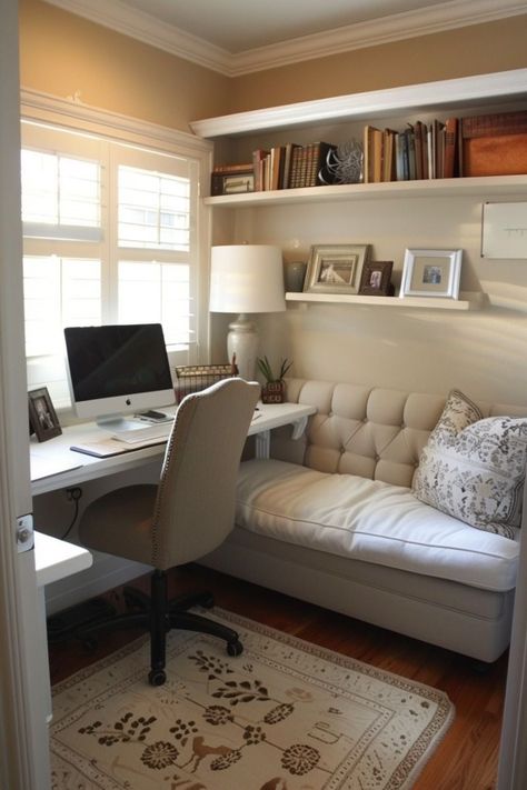 Desk Around Window, Tiny Study Room, Small Office Room Ideas, Small Home Office Ideas Workspaces, Home Office Small Room, Bedroom Workspace Ideas, Small Study Room Ideas, Small Room Office Ideas, Home Office Space Ideas