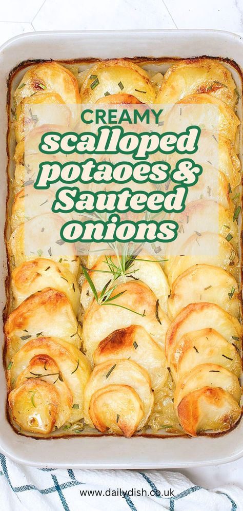 Scalloped Potaotes With Sauteed Onions Potato Side Dishes Dairy Free, Scalloped Potatoes And Onions, Scalloped Potatoes With Onions, Baked Potatoes With Onions, Classic Scalloped Potatoes, Side Dishes Dairy Free, Potato And Onion Recipes, Buttery Potatoes, Homemade Vegetable Broth