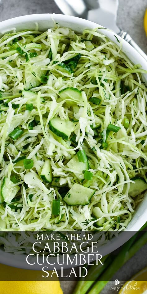 Easy Green Cabbage Cucumber Salad is loaded with fresh green cabbage, crisp cucumbers and fresh herbs. It’s the perfect side dish for potlucks, parties and barbecue. #cabbagesalad #salad #olgainthekitchen #healthy #easyrecipe #cucumbersalad #holiday #easter #sidedish Cucumber Cabbage Salad, Green Cabbage Salad, Work Salads, Cabbage Cucumber Salad, Picnic Salads, Healthy Potluck, Potluck Side Dishes, Cabbage Salad Recipes, Potluck Dishes