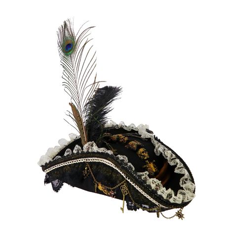 PRICES MAY VARY. Features antiqued goldtone skeleton decoration Victorian-style lace ribbon trim Antiqued chains with nautical-themed charms High-quality hat ideal for costumes and cosplay This stunning, high-quality pirate hat is a perfect accessory for costumes, cosplay, and Steampunk or Victorian style dress. Its unique design features a feather plume decoration, a ruffled lace ribbon trim, chains with nautical-themed charms, and an antique-style burnished skeleton centerpiece. Jafar Costume, Western Fashion Men, Pirate Captain Hat, Dresses Cosplay, Pirate Garb, Victorian Fashion Dresses, Halloween Hat, Pirate Outfit, Pirate Hat