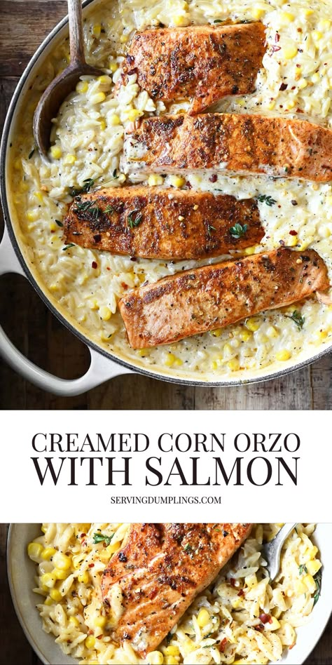 Creamed Corn Orzo with Salmon - Serving Dumplings Orzo With Salmon, Corn Orzo, Serving Dumplings, Cooked Salmon, Affordable Meals, Pasta Fresh, Easy Protein, Salmon Dinner, Creamed Corn