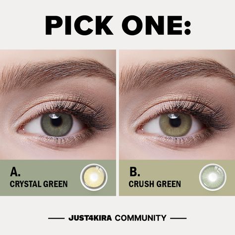 Which one do you pick? 🔍👁️One with rim ring #CrystalGreen and one without rim ring #CrushGreen.☘️⁠
A. Crystal Green⁠
B. Crush Green⁠
#just4kira #coloredcontacts #naturallenses #dramaticlens #lensteyonhual #beauty #eyeschange #greeneyes #greencontactlens shades Green Contact Lenses, Green Contacts Lenses, Korean Makeup Tips, Green Contacts, Green Lens, Crystal Green, Contact Lens, Color Lenses, Colored Contacts