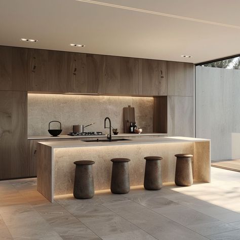 Kitchen Island Cladding, Japanese Style Kitchen Modern Minimalist, Modern Minimal Kitchen, Kitchen Wallpaper Ideas, Modern Minimal Style, Ultra Modern Kitchen, Modern Minimalist Kitchen, Minimalist Kitchen Design, Modern Kitchen Island