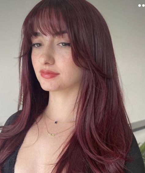 Black Cherry Hair With Bangs, Cherry Red Hair With Bangs, Cola Hair, Red Hair With Bangs, Cherry Cola Hair, Black Cherry Hair, Cherry Red Hair, Cherry Hair, Dyed Red Hair