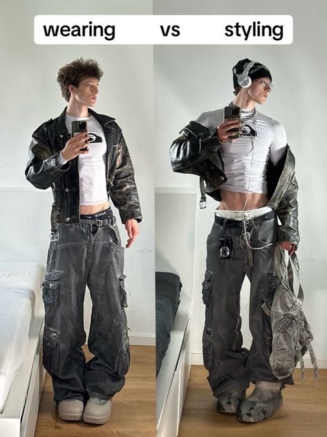 Cargo Fashion Men, Punk Outfits For Men, Tiktok Outfits Men, Layering Clothes Men, Y2k Fashion Mens, Stylish Guy Outfits, Compression Shirt Outfit Men, Compression Shirt Men Outfit, Cybercore Outfits Men