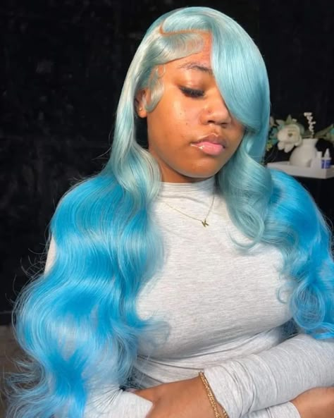 so cuteee 🩵 Blue Wig Hairstyles For Black Women, Light Blue Wigs For Black Women, Different Color Wigs, Blue Wigs For Black Women, Blue Lace Wig, Light Blue Wig, Blue Bob Wig, Colored Wigs For Black Women, Ice Blue Hair