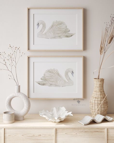 Set of 2 Swans, Horizontal Prints, Modern Minimalist Wall Decor, Baby Girl Nursery, Kids Room Wall Art, Watercolor White Swan, Neutral Art Important information regarding all prints:  1.The prices can be found over on the right in the 'dimensions' drop down bar. Please choose carefully to avoid any mistake.  DIMENSIONS ARE FOR EACH, SEPARATE PRINT OF THE SET, THE PRICE IS FOR THE WHOLE SET OF TWO.  2. The prints are printed with Canon technology which ensures reduction of granularity, smooth col Nursery Swan Theme, Modern Baby Girl Nursery, 2 Swans, Horizontal Prints, Swan Nursery, Modern Baby Girl, Horizontal Wall Art, Baby Room Inspiration, Wall Art Watercolor