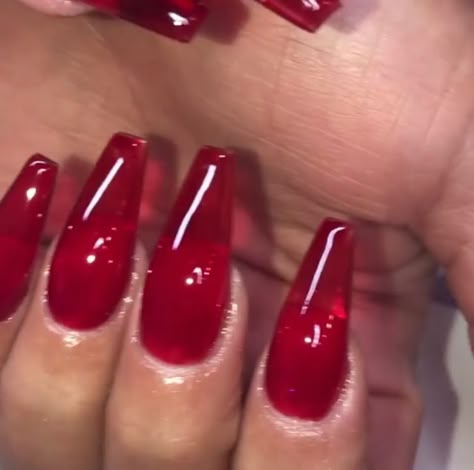 Red Sheer Nails, Red Sns Nails Designs, Translucent Red Nails, Transparent Red Nails, Sheer Red Nails, Clear Red Nails, Red Jelly Nails Acrylic, Dark Red Jelly Nails, Red Purple Nails