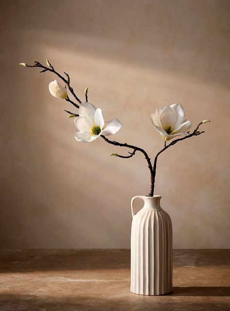 Artificial white magnolia branch | Simons Maison | Decorative Pots & Planters | Decor | Simons Magnolia Branches In Vase, Curved Bed, Magnolia Branch, Long Vase, Artificial Branches, Asian Flowers, Floral Tattoos, White Magnolia, Decorative Planters