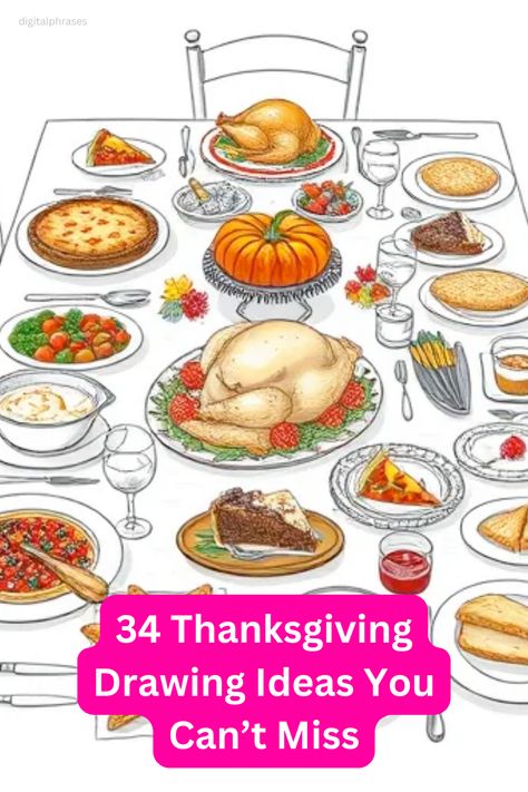 Capture the holiday spirit with 34 Thanksgiving drawing ideas you can’t miss, featuring festive themes and creative concepts. Thanksgiving Food Drawing, Thanksgiving Table Drawing, Thanksgiving Table Illustration, Thanksgiving Food Table Display, Thanksgiving Food Table, Pie Drawing, Thanksgiving Drawings, Food Display Table, Fall Produce