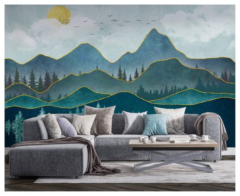 Cloud Bedroom, Kids Room Wall Murals, Sun Wallpaper, Mountain Wall Mural, Kindergarten Wallpaper, Mountain Mural, Mountain Nursery, Floral Bedroom, Nature Wall Decor