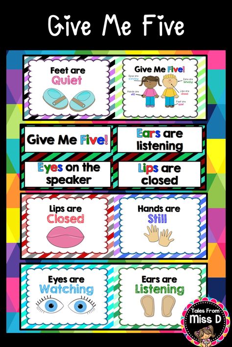 Remind your students about Good Listening with this Give Me Five display. There are two versions that include:  1) Posters for each body part (eyes, ears, mouth, hands and feet) 2) Poster visually showing each aspect of Give Me Five 3) Written cards (ideal for the older grades) © Tales From Miss D Class Promise, English Decoration, Behavior Punch Cards, Classroom Display Ideas, Classroom Procedures, Give Me Five, Planning Template, Classroom Display, Beginning Of The School Year