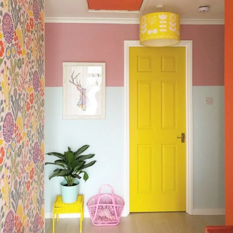 Colourful Hallways, Colourful Hallway Ideas, Colourful Hallway, Hallway Colour Ideas, Colorful Stairs, Colorful Hallway, Craig And Rose Paint, Pink Hallway, Hallway Gallery Wall