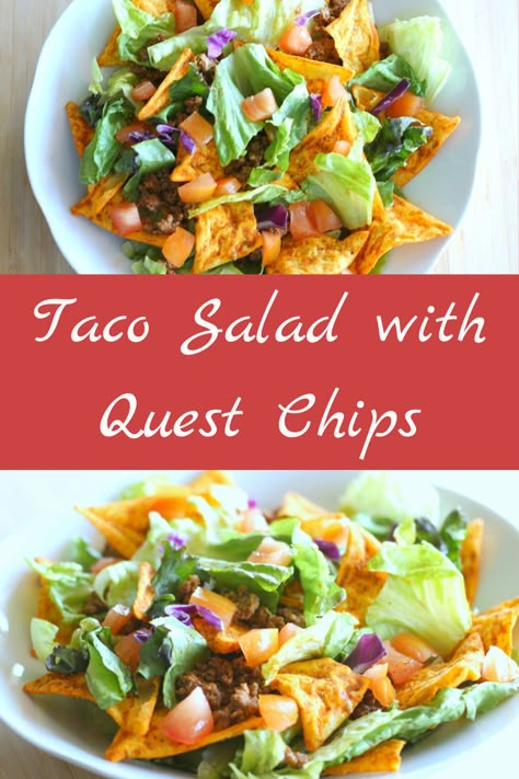 Yummy Taco Salad topped with Quest protein chips! They give the salad a yummy crunch! These protein chips are approved for the 5 and 1 plan counting as 1 Leaner for the entire bag! Optavia Lean And Green Recipes 5&1 Taco Salad, Optivia Taco Salad, 5 And 1 Plan, Octavia Recipes 5 1 Plan, Optavia Tacos, Optavia Taco Salad Recipe, Quest Protein Chips Recipes, 5 And 1 Plan Optavia Recipes, Quest Chips Recipes