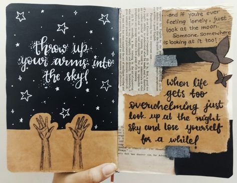 Art journal ideas | Night sky aesthetic | Sky Journal Ideas, Birthday Journal Ideas Aesthetic, Journal Ideas Night, Sketching Quotes, Night Sky Aesthetic, Repurposed Books, Positivity Art, Art Journal Ideas, Book Journaling