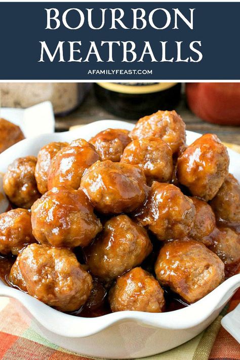 Bourbon Meatballs are tender, bite-sized meatballs smothered in a silky, rich bourbon-infused sauce. Great for game day parties or the holidays! #appetizer #meatballs #bourbon Ricotta Balls, Bourbon Meatballs, Homemade Meatballs Easy, Homemade Meatballs Recipe, Ham Balls, Football Party Foods, Lemon Herb Chicken, Appetizer Meatballs, Dish Warmer