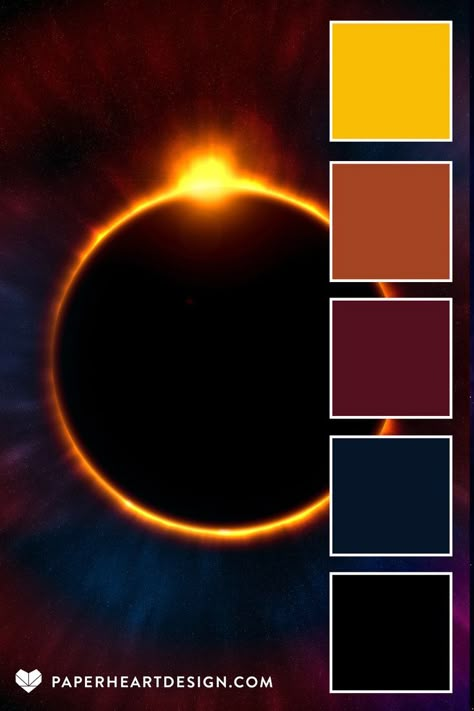 Color palette with photo of eclipse. Deep blue, maroon, rust, mustard gold. Indigo Complimentary Color, Uncommon Color Palette, Do You Love The Color Of The Sky, Lunar Eclipse Color Palette, Space Colour Pallete, Evening Colour Palette, Darkness Color Palette, Solar System Color Palette, Black Hole Color Palette