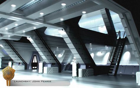 Sci Fi Hangar Bay, Scifi Hangar, No Man's Sky Base Ideas, Cyberpunk Interior Design, Scifi Wall, Battlestar Galactica Ship, Gaming Lounge, Architecture Blueprints, Sci Fi Architecture