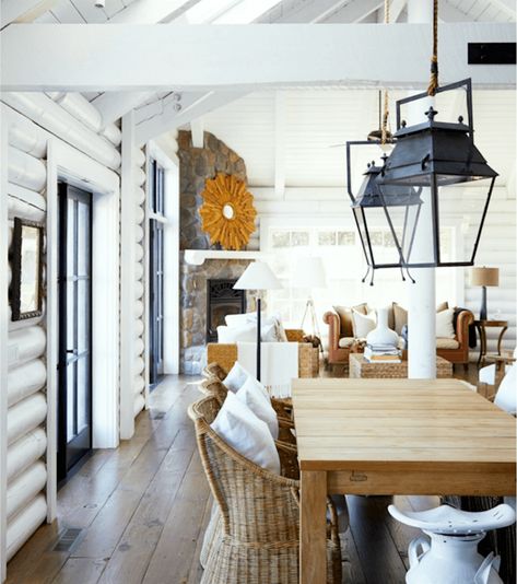 Rustic home - Rue Mag log cabin painted white White Log Cabin, Painted Log Cabin, Log Cabin Interior Design, Cabin Homes Interior, Log Home Interior, White Cabin, Modern Log Cabin, Cabin Interior Design, Log Cabin Interior