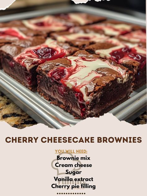 🍒 Indulge in the delightful fusion of Cherry Cheesecake Brownies! Because why choose one when you can have both? 🍰🍫 🍫 Cherry Cheesecake Brownies 🛒 Ingredients: Brownie mix: 1 box (prepare as directed) Cream cheese: 8 oz Sugar: 1/4 cup Vanilla extract: 1 tsp Cherry pie filling 👩‍🍳 Instructions: Prepare: Brownie mix as directed and pour into a greased baking pan. Mix: Blend cream cheese, sugar, and vanilla until smooth. Layer: Spoon over brownie batter, swirl. Top with cherry pie filling. B... Cherry Cheesecake Brownies, Brownie Mix Recipes, Cherry Brownies, Box Brownies, Brownie Toppings, Brownie Ingredients, Cherry Cheesecake, Cheesecake Brownies, Brownie Batter