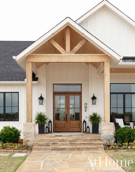 All Together Now - At Home in Arkansas Front Porch With Posts, Cottage Entrance Exterior, Gable Front Porch Addition, Farm Style House Exterior, Front Porch Gable, Exterior Entrance Design, Front Door Gable, Ranch Style Front Porch Ideas, Farm Ranch House