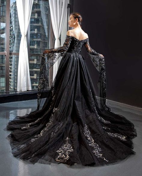 Black Lace Formal Dress, Black Wedding Gowns, Tulle Prom Dresses, Black Wedding Dress, Goth Wedding, Dark Wedding, Lace Formal Dress, Fantasy Wedding, Cape Sleeves