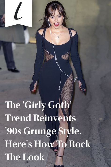 In the movies, depictions from grunge to goth tend to rely on a surplus of eyeliner, some kind of gelled or alternative hairstyle, and lots of dark colors, fishnet, and lace. Grunge can come in plenty of forms, stemming from the '90s alternative rock scene and making its claim to fame through bands like Nirvana and Pearl Jam. #girlygoth #goth Girly Goth Aesthetic, Girly Grunge Outfits, Fishnets Outfit, 90s Alternative Fashion, Nirvana Outfit, Goth Outfits Aesthetic, Girly Goth, 90s Fashion Grunge, Goth Look