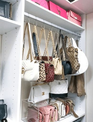 11 Storage Ideas On How To Hang Purses In A Closet - arinsolangeathome Purse Closet Aesthetic, Store Handbags Ideas, Crossbody Bag Storage, Handbag Storage In Wardrobe, Hanging Purses In Closet, How To Display Purses In Closet, Hanging Bags In Closet, Duffle Bag Storage Ideas Closet, Diy Purse Organizer Storage