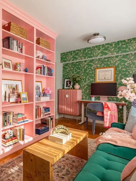 Pink Eclectic Decor, Pink Billy Bookcase, Maxamilist Home Office, Girly Home Library, Pink Built In Bookcase, Colorful Library Room, Girly Library Room, Colorful Office Decor Ideas, Living Room Craft Room Combo