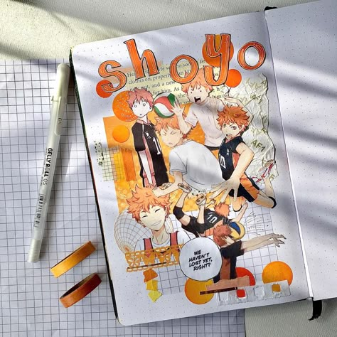 Hinata themed journal spread #haikyuu #anime #journal #journalling Haikyuu Journal Ideas, Haikyuu Journal, Anime Journal Spread Ideas, Sketch Book Spreads, Mochila Aesthetic, Anime Scrapbook, Book Cover Art Diy, Homemade Journal, Haikyuu Bokuto